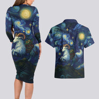 Yule Goat Starry Night Couples Matching Long Sleeve Bodycon Dress and Hawaiian Shirt LT9 - Wonder Print Shop