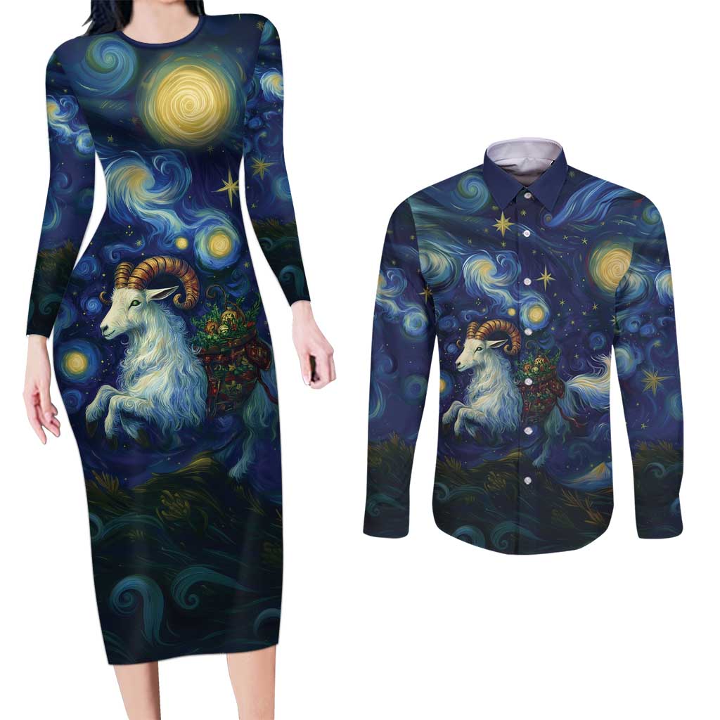 Yule Goat Starry Night Couples Matching Long Sleeve Bodycon Dress and Long Sleeve Button Shirt LT9 - Wonder Print Shop