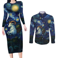 Yule Goat Starry Night Couples Matching Long Sleeve Bodycon Dress and Long Sleeve Button Shirt LT9 - Wonder Print Shop