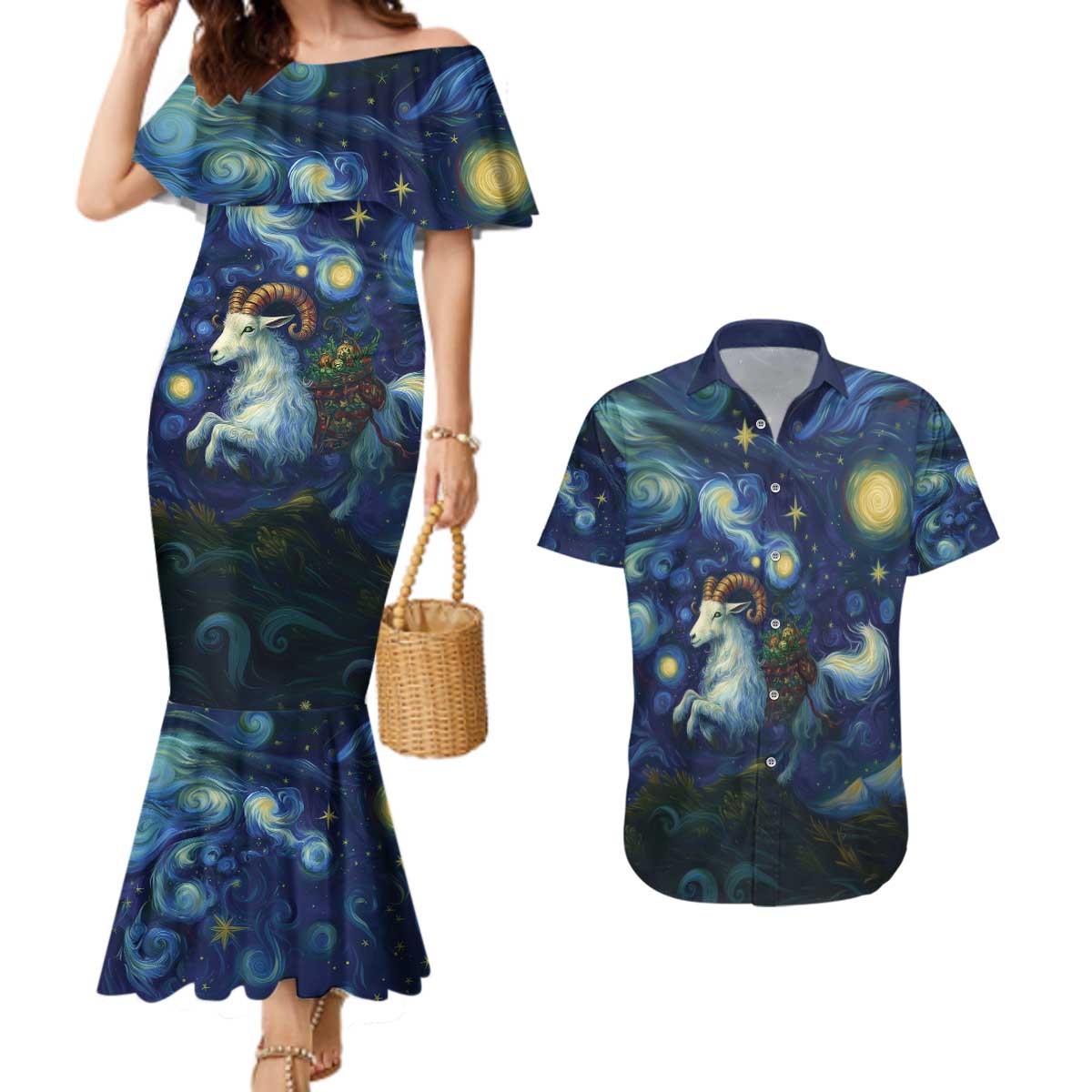 Yule Goat Starry Night Couples Matching Mermaid Dress and Hawaiian Shirt LT9 - Wonder Print Shop