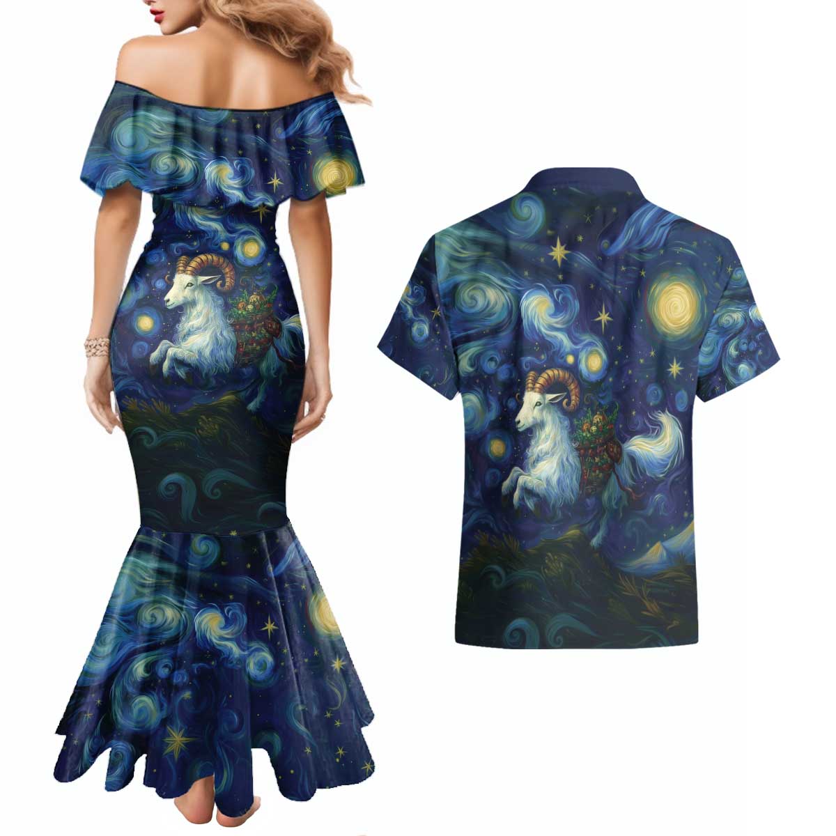 Yule Goat Starry Night Couples Matching Mermaid Dress and Hawaiian Shirt LT9 - Wonder Print Shop