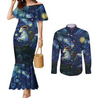 Yule Goat Starry Night Couples Matching Mermaid Dress and Long Sleeve Button Shirt