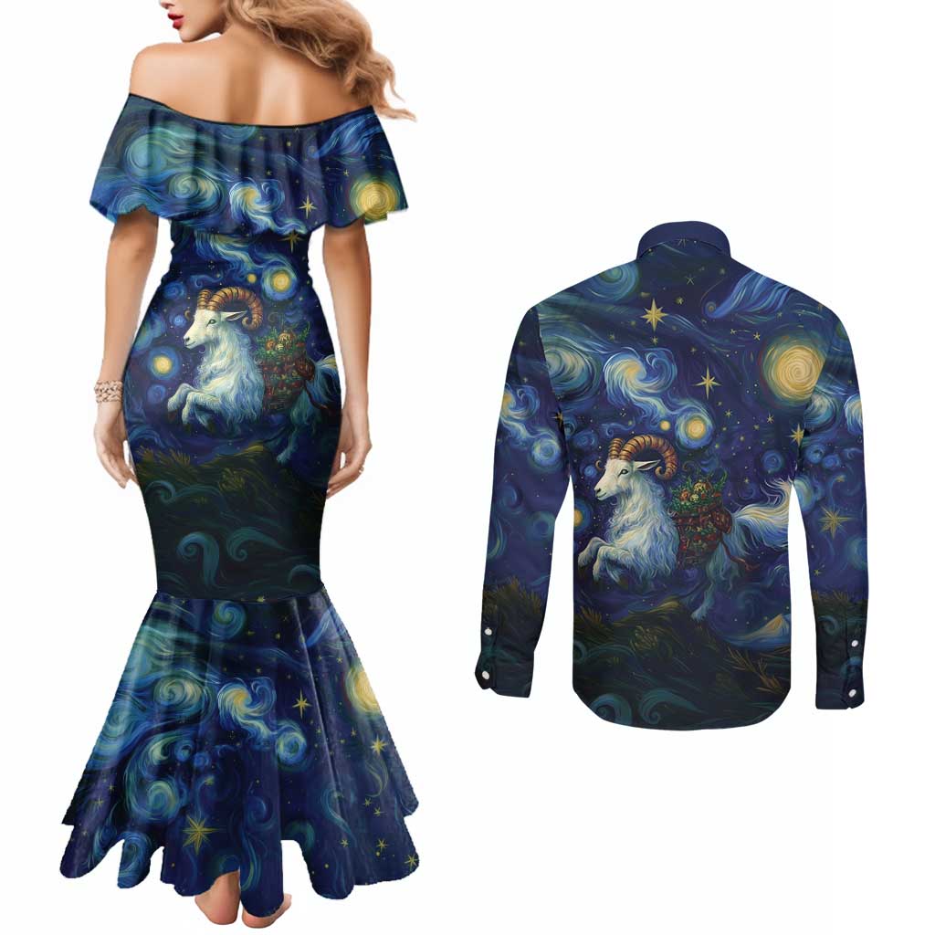 Yule Goat Starry Night Couples Matching Mermaid Dress and Long Sleeve Button Shirt