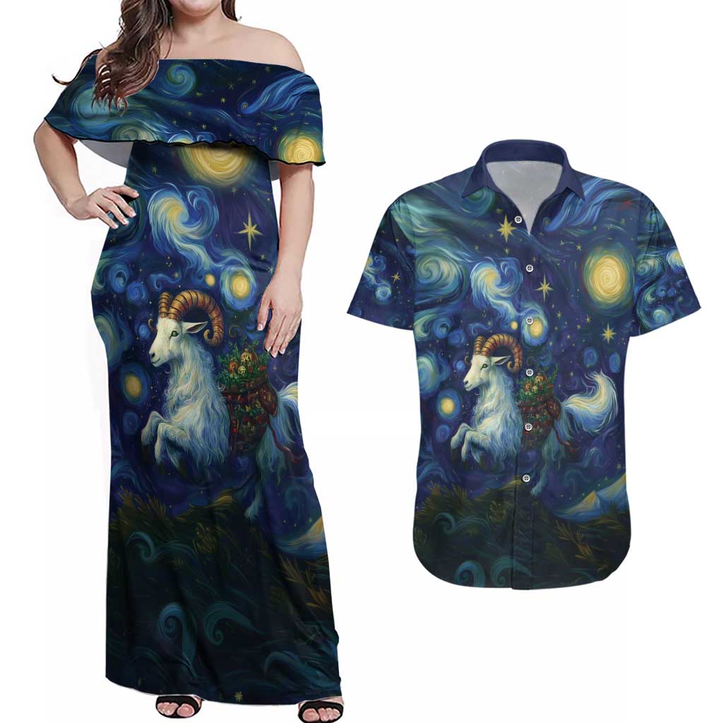 Yule Goat Starry Night Couples Matching Off Shoulder Maxi Dress and Hawaiian Shirt LT9 - Wonder Print Shop