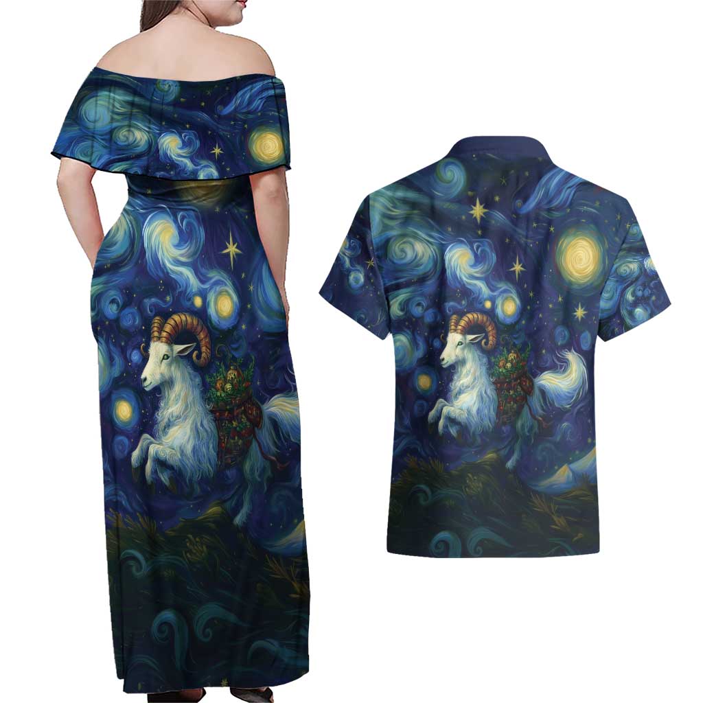 Yule Goat Starry Night Couples Matching Off Shoulder Maxi Dress and Hawaiian Shirt LT9 - Wonder Print Shop