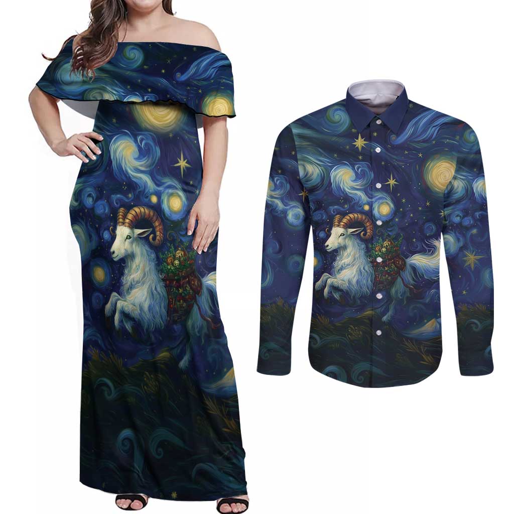 Yule Goat Starry Night Couples Matching Off Shoulder Maxi Dress and Long Sleeve Button Shirt LT9 - Wonder Print Shop