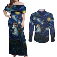 Yule Goat Starry Night Couples Matching Off Shoulder Maxi Dress and Long Sleeve Button Shirt LT9 - Wonder Print Shop