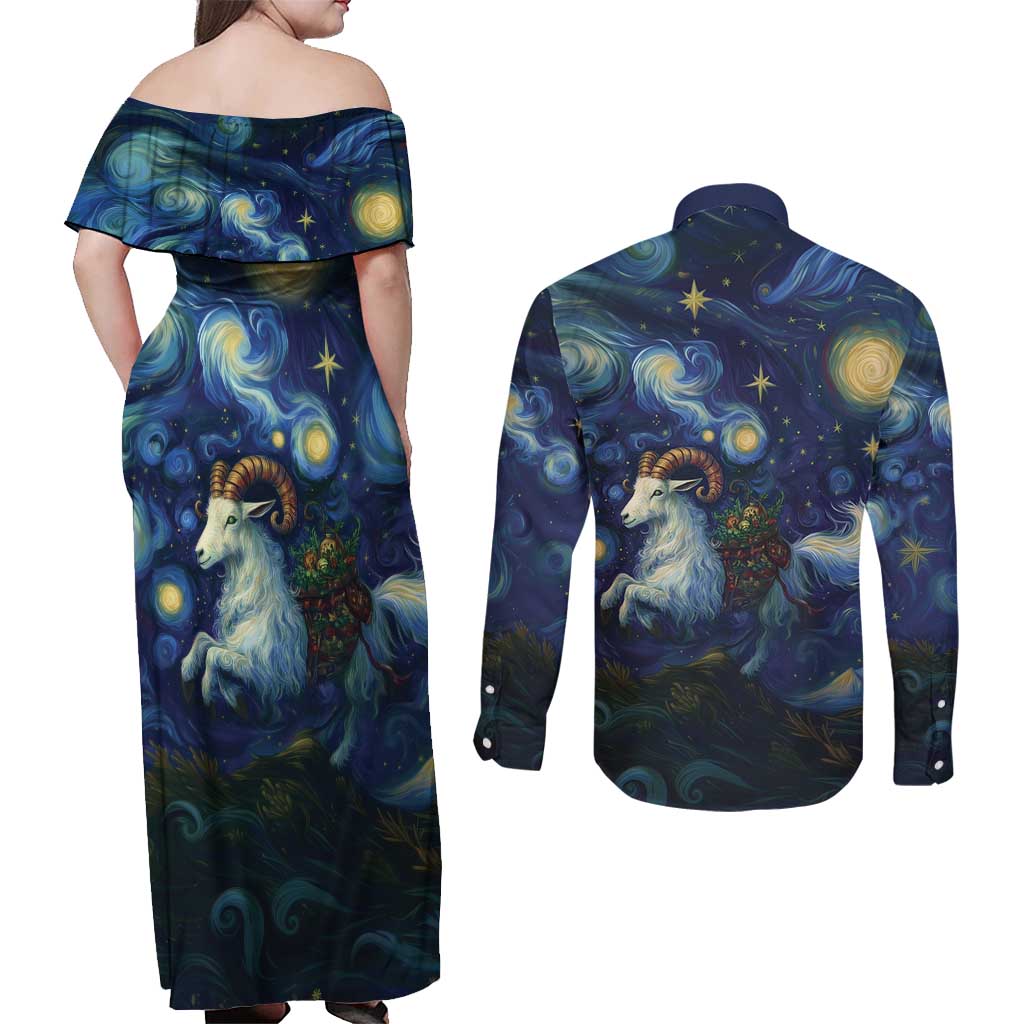 Yule Goat Starry Night Couples Matching Off Shoulder Maxi Dress and Long Sleeve Button Shirt LT9 - Wonder Print Shop