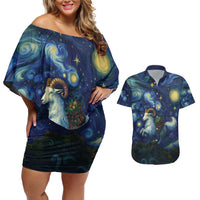 Yule Goat Starry Night Couples Matching Off Shoulder Short Dress and Hawaiian Shirt LT9 - Wonder Print Shop