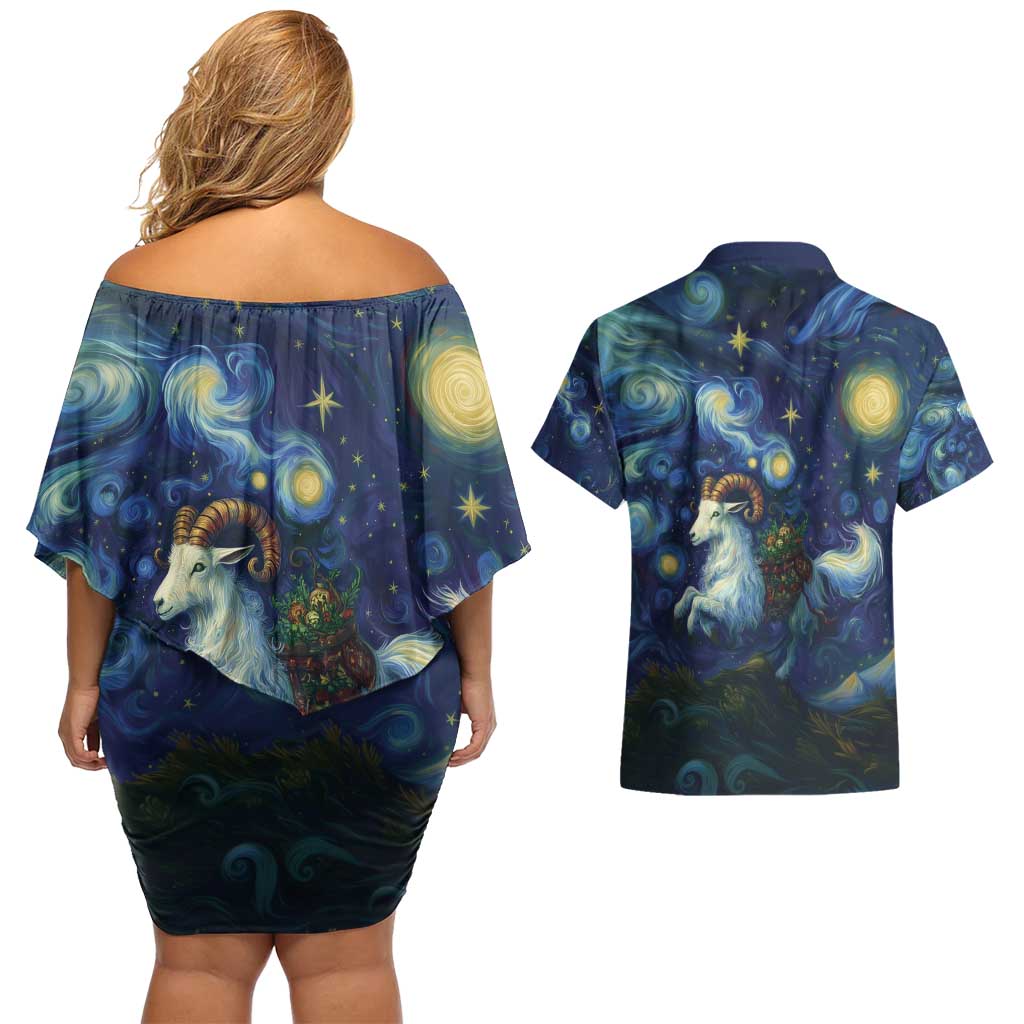 Yule Goat Starry Night Couples Matching Off Shoulder Short Dress and Hawaiian Shirt LT9 - Wonder Print Shop