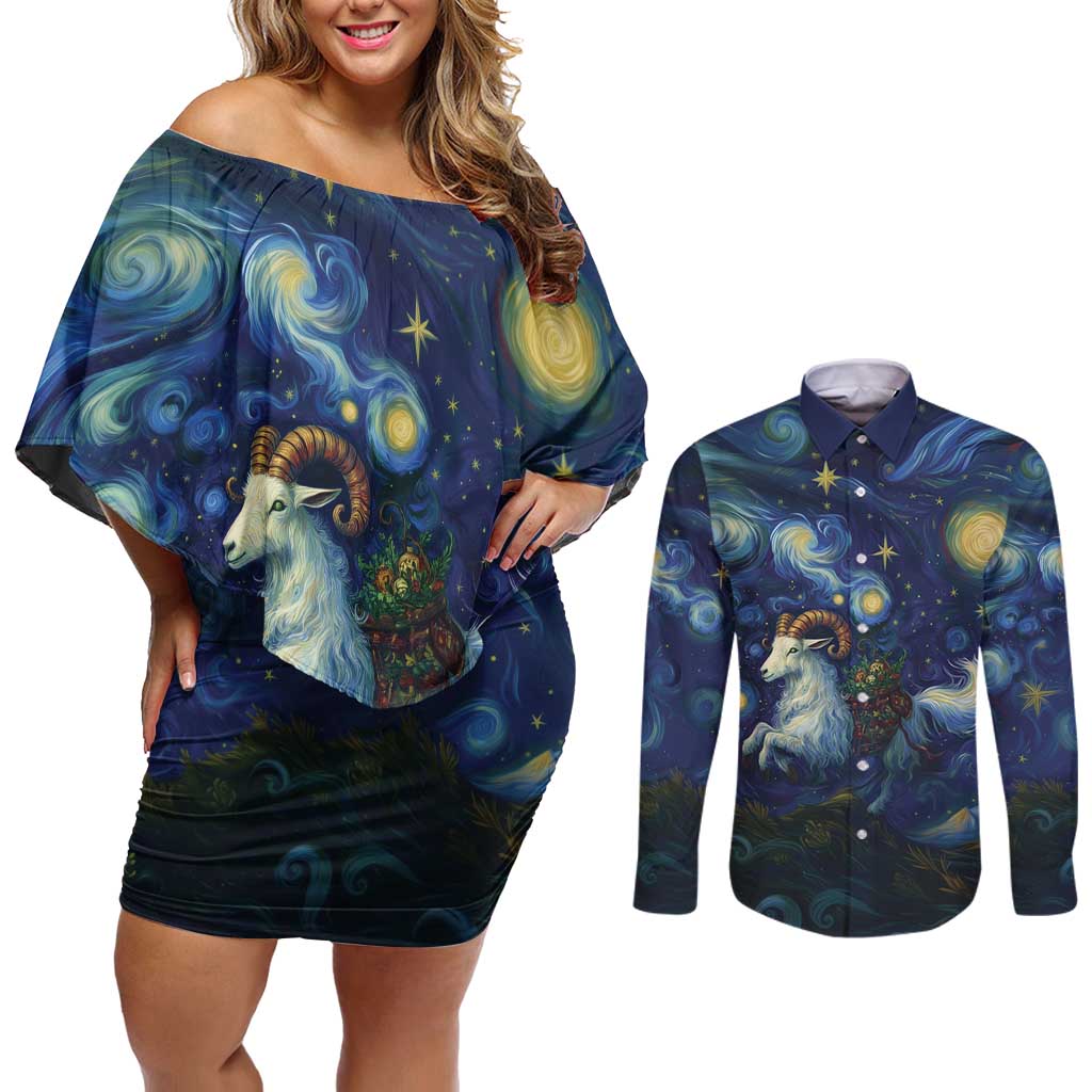 Yule Goat Starry Night Couples Matching Off Shoulder Short Dress and Long Sleeve Button Shirt LT9 - Wonder Print Shop