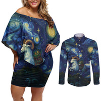 Yule Goat Starry Night Couples Matching Off Shoulder Short Dress and Long Sleeve Button Shirt LT9 - Wonder Print Shop