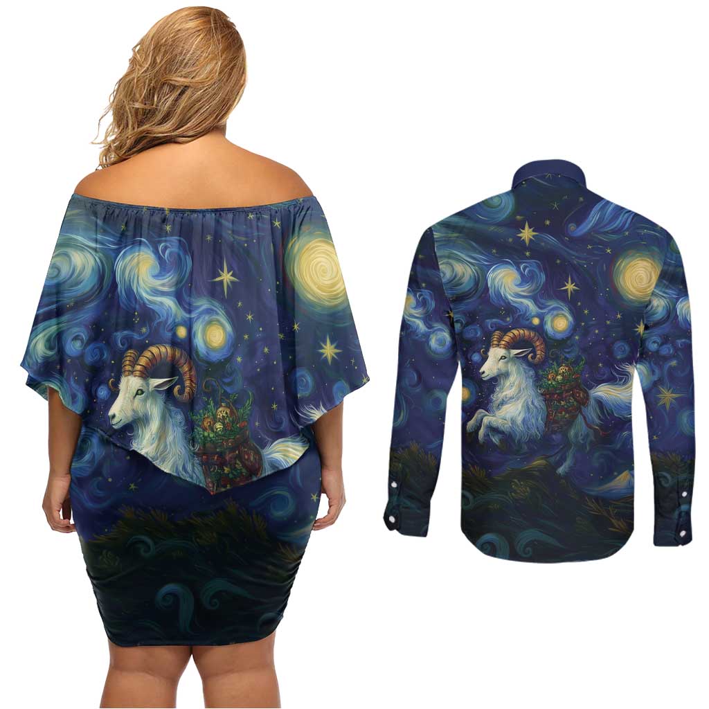 Yule Goat Starry Night Couples Matching Off Shoulder Short Dress and Long Sleeve Button Shirt LT9 - Wonder Print Shop