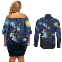 Yule Goat Starry Night Couples Matching Off Shoulder Short Dress and Long Sleeve Button Shirt LT9 - Wonder Print Shop