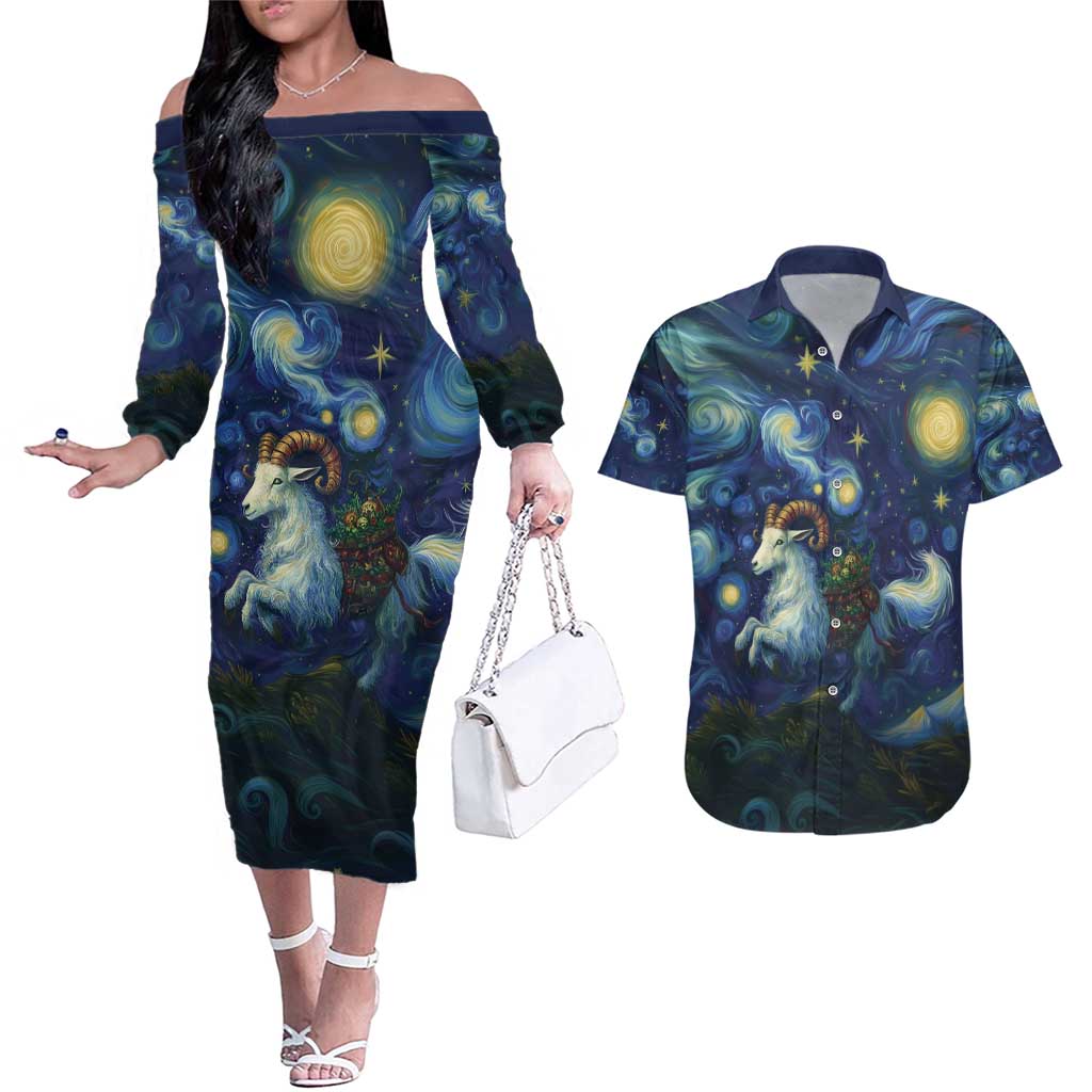 Yule Goat Starry Night Couples Matching Off The Shoulder Long Sleeve Dress and Hawaiian Shirt LT9 - Wonder Print Shop