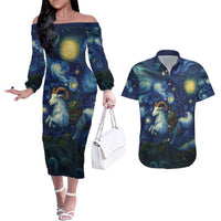 Yule Goat Starry Night Couples Matching Off The Shoulder Long Sleeve Dress and Hawaiian Shirt LT9 - Wonder Print Shop