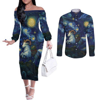 Yule Goat Starry Night Couples Matching Off The Shoulder Long Sleeve Dress and Long Sleeve Button Shirt