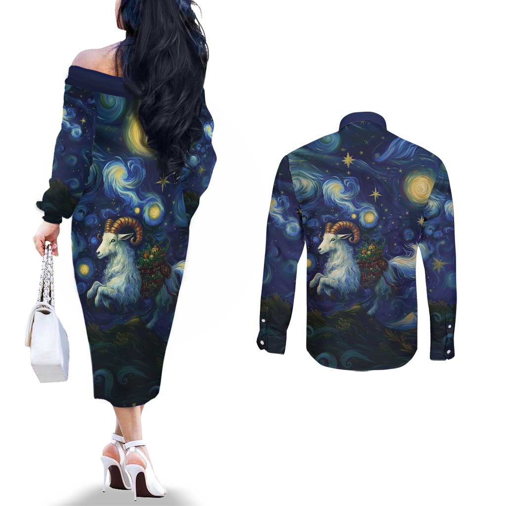 Yule Goat Starry Night Couples Matching Off The Shoulder Long Sleeve Dress and Long Sleeve Button Shirt