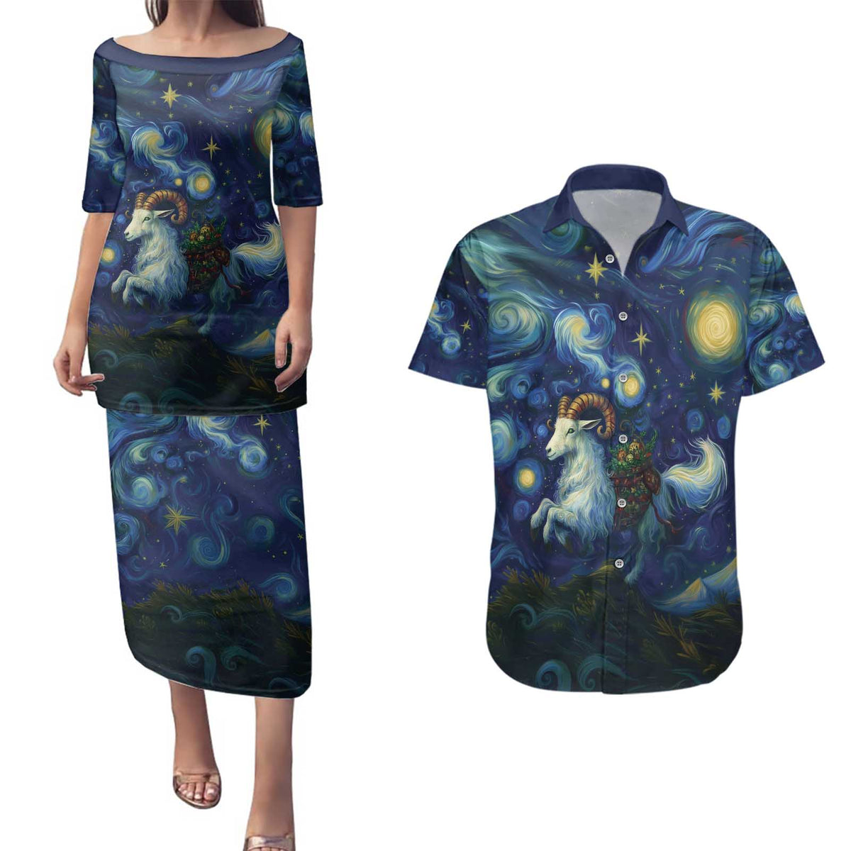 Yule Goat Starry Night Couples Matching Puletasi and Hawaiian Shirt LT9 - Wonder Print Shop