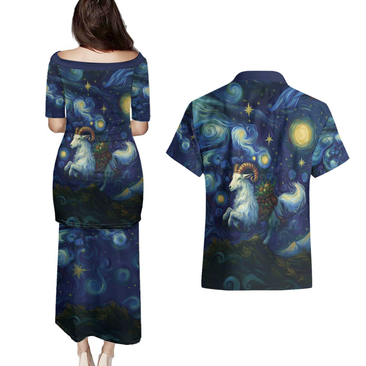 Yule Goat Starry Night Couples Matching Puletasi and Hawaiian Shirt LT9 - Wonder Print Shop