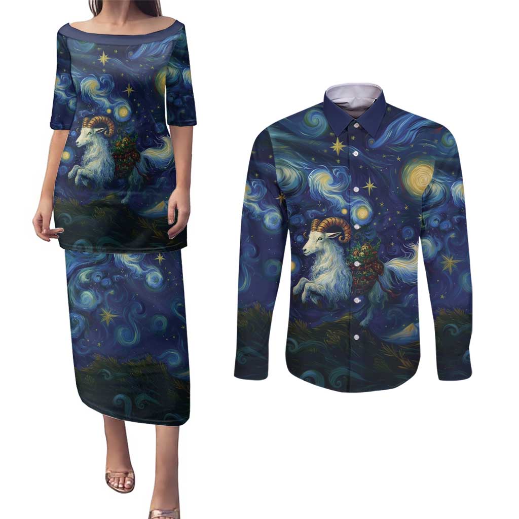 Yule Goat Starry Night Couples Matching Puletasi and Long Sleeve Button Shirt LT9 - Wonder Print Shop