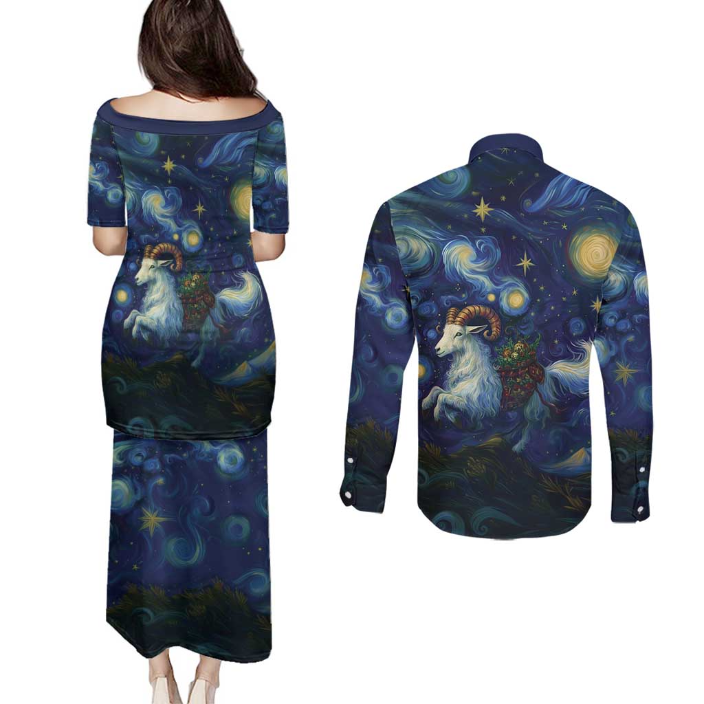 Yule Goat Starry Night Couples Matching Puletasi and Long Sleeve Button Shirt LT9 - Wonder Print Shop
