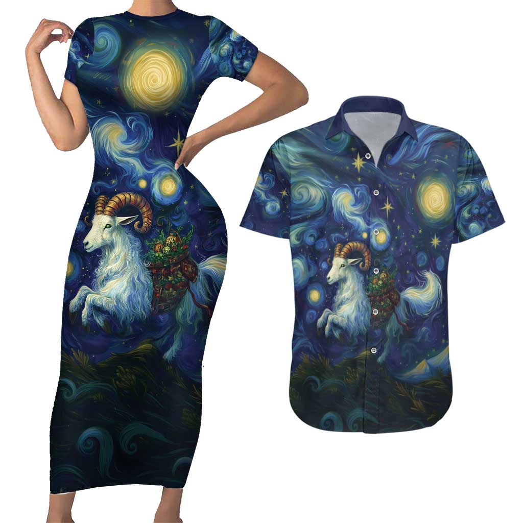 Yule Goat Starry Night Couples Matching Short Sleeve Bodycon Dress and Hawaiian Shirt LT9 - Wonder Print Shop