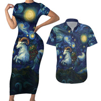 Yule Goat Starry Night Couples Matching Short Sleeve Bodycon Dress and Hawaiian Shirt LT9 - Wonder Print Shop
