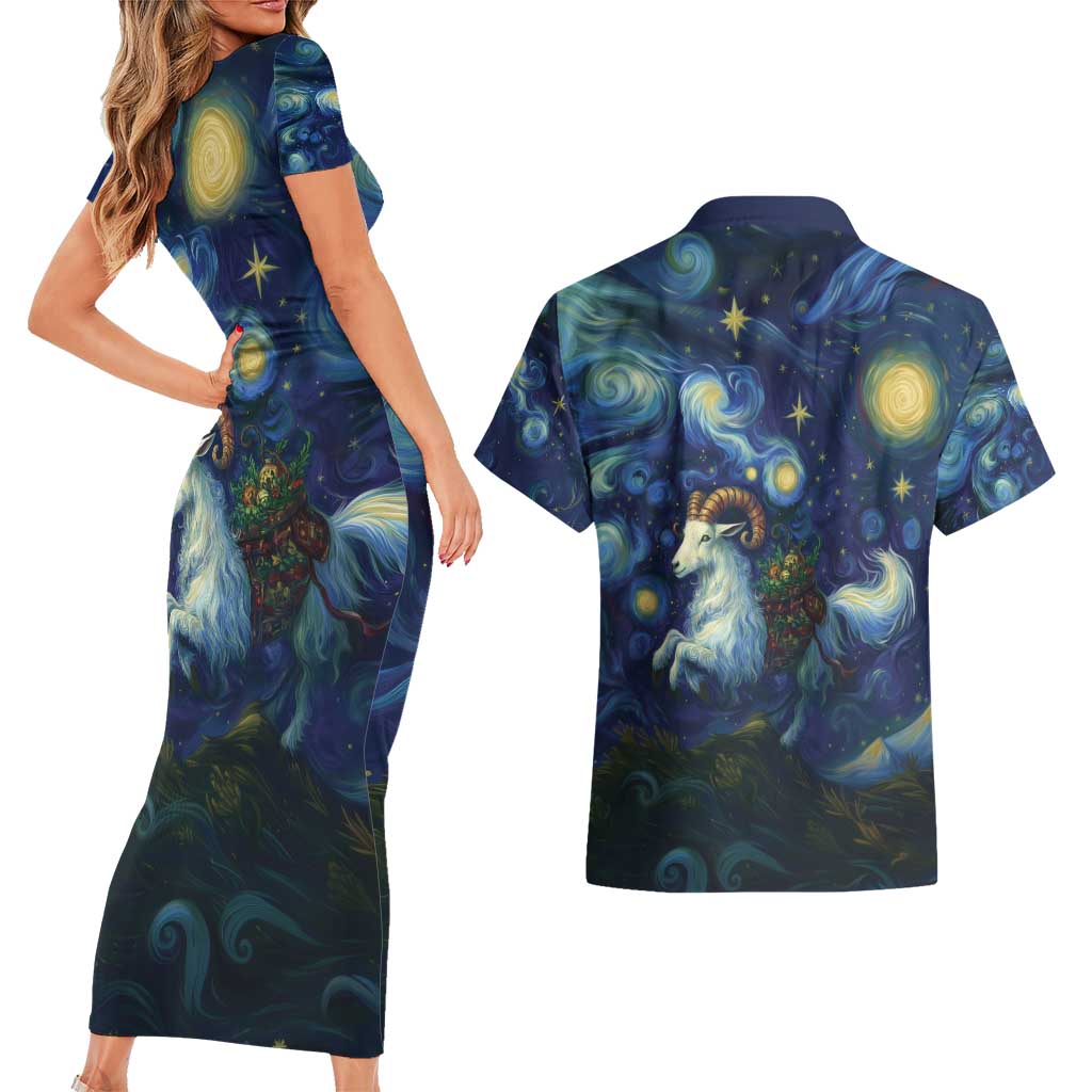 Yule Goat Starry Night Couples Matching Short Sleeve Bodycon Dress and Hawaiian Shirt LT9 - Wonder Print Shop