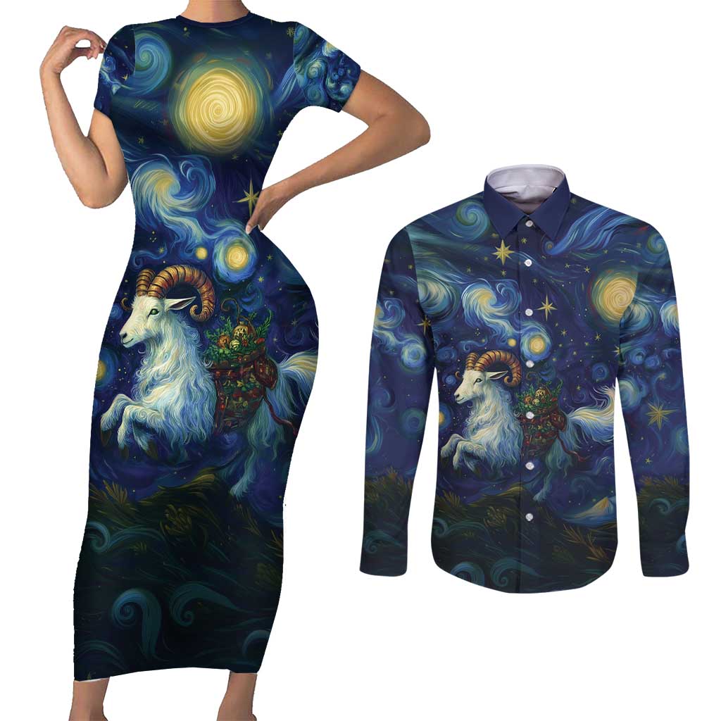 Yule Goat Starry Night Couples Matching Short Sleeve Bodycon Dress and Long Sleeve Button Shirt LT9 - Wonder Print Shop