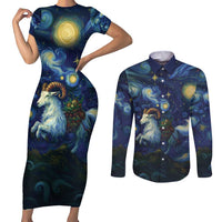 Yule Goat Starry Night Couples Matching Short Sleeve Bodycon Dress and Long Sleeve Button Shirt LT9 - Wonder Print Shop