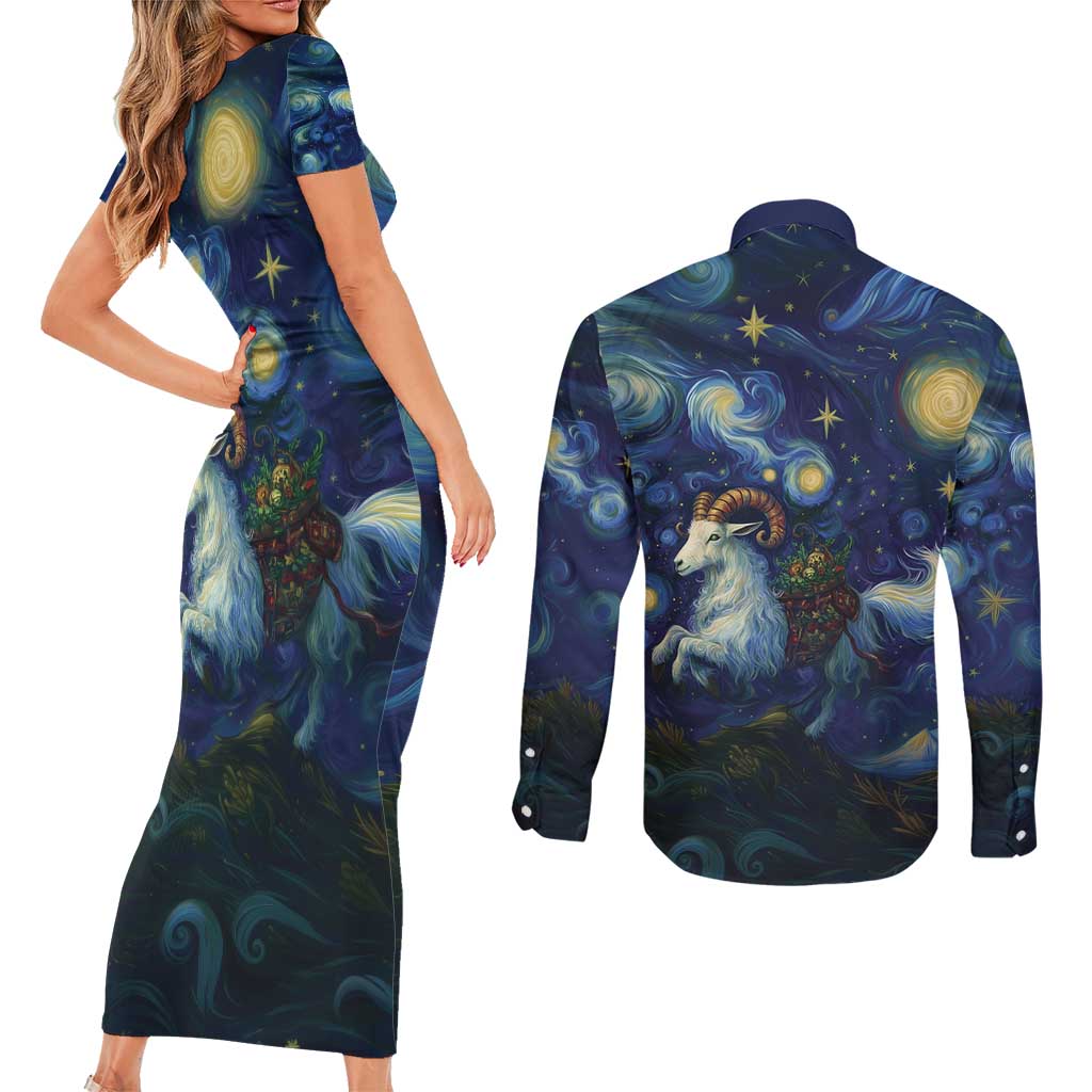 Yule Goat Starry Night Couples Matching Short Sleeve Bodycon Dress and Long Sleeve Button Shirt LT9 - Wonder Print Shop