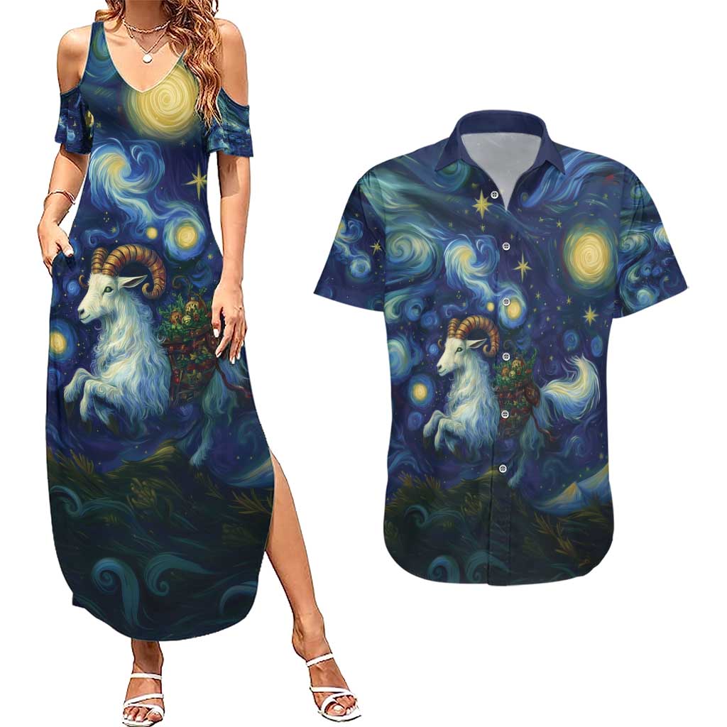Yule Goat Starry Night Couples Matching Summer Maxi Dress and Hawaiian Shirt LT9 - Wonder Print Shop