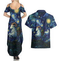 Yule Goat Starry Night Couples Matching Summer Maxi Dress and Hawaiian Shirt LT9 - Wonder Print Shop
