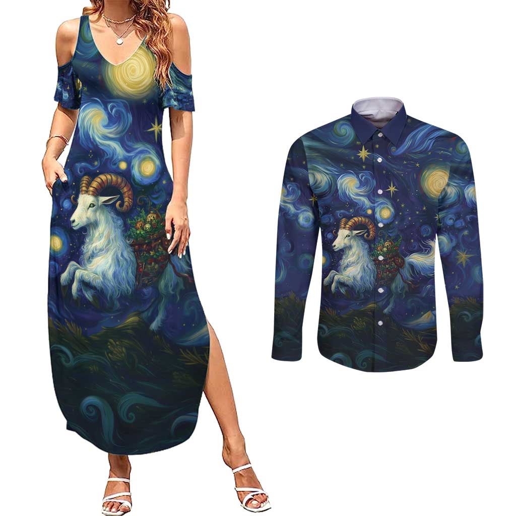 Yule Goat Starry Night Couples Matching Summer Maxi Dress and Long Sleeve Button Shirt LT9 - Wonder Print Shop