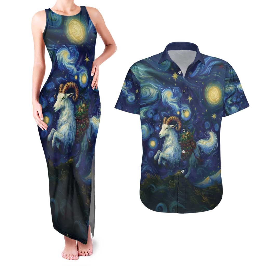 Yule Goat Starry Night Couples Matching Tank Maxi Dress and Hawaiian Shirt LT9 - Wonder Print Shop