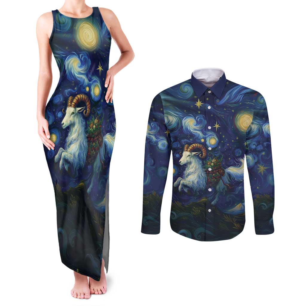 Yule Goat Starry Night Couples Matching Tank Maxi Dress and Long Sleeve Button Shirt LT9 - Wonder Print Shop