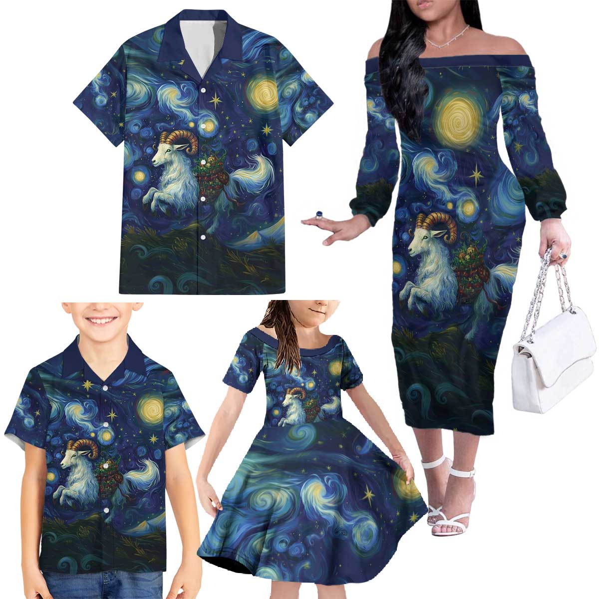 Yule Goat Starry Night Family Matching Off The Shoulder Long Sleeve Dress and Hawaiian Shirt - Wonder Print Shop