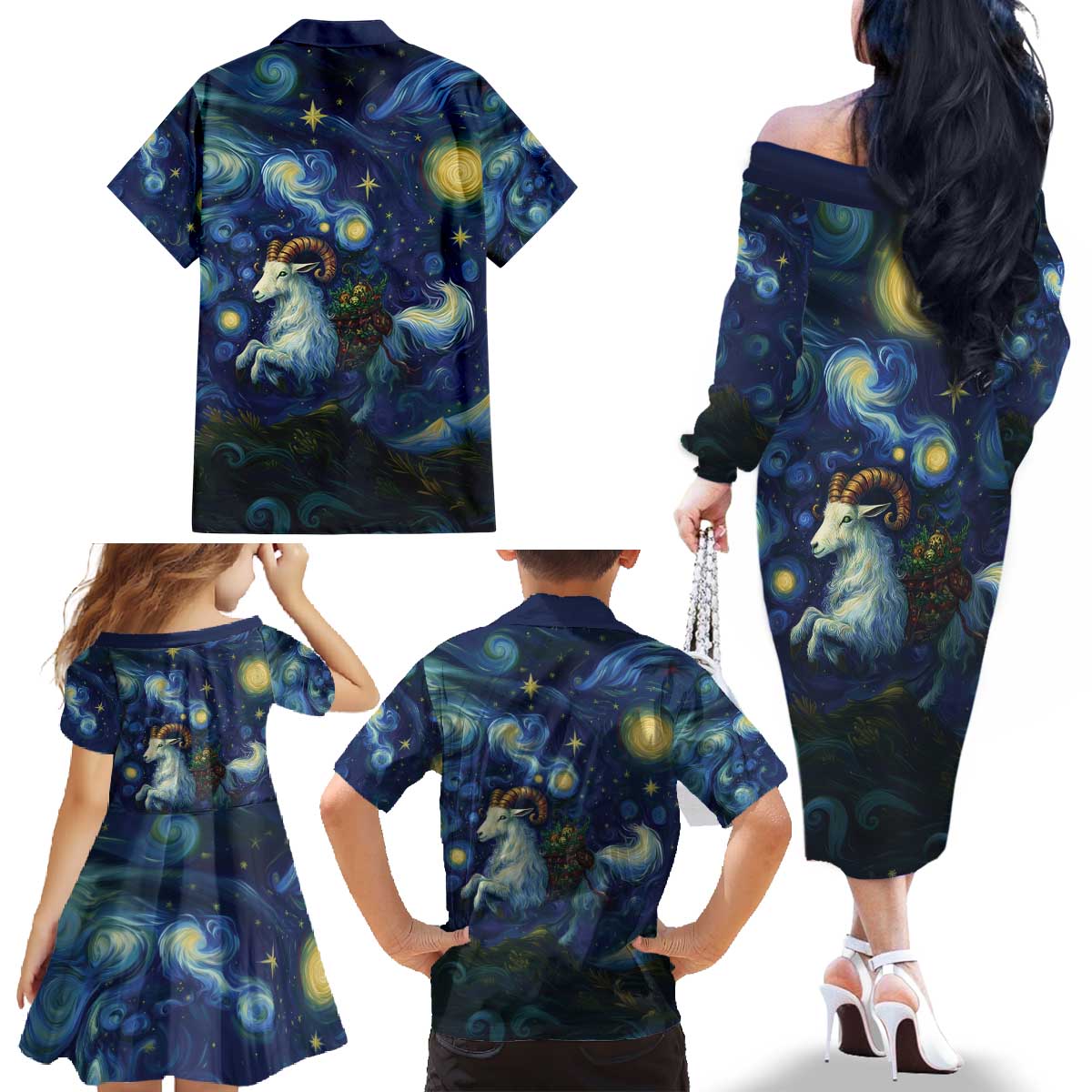 Yule Goat Starry Night Family Matching Off The Shoulder Long Sleeve Dress and Hawaiian Shirt - Wonder Print Shop