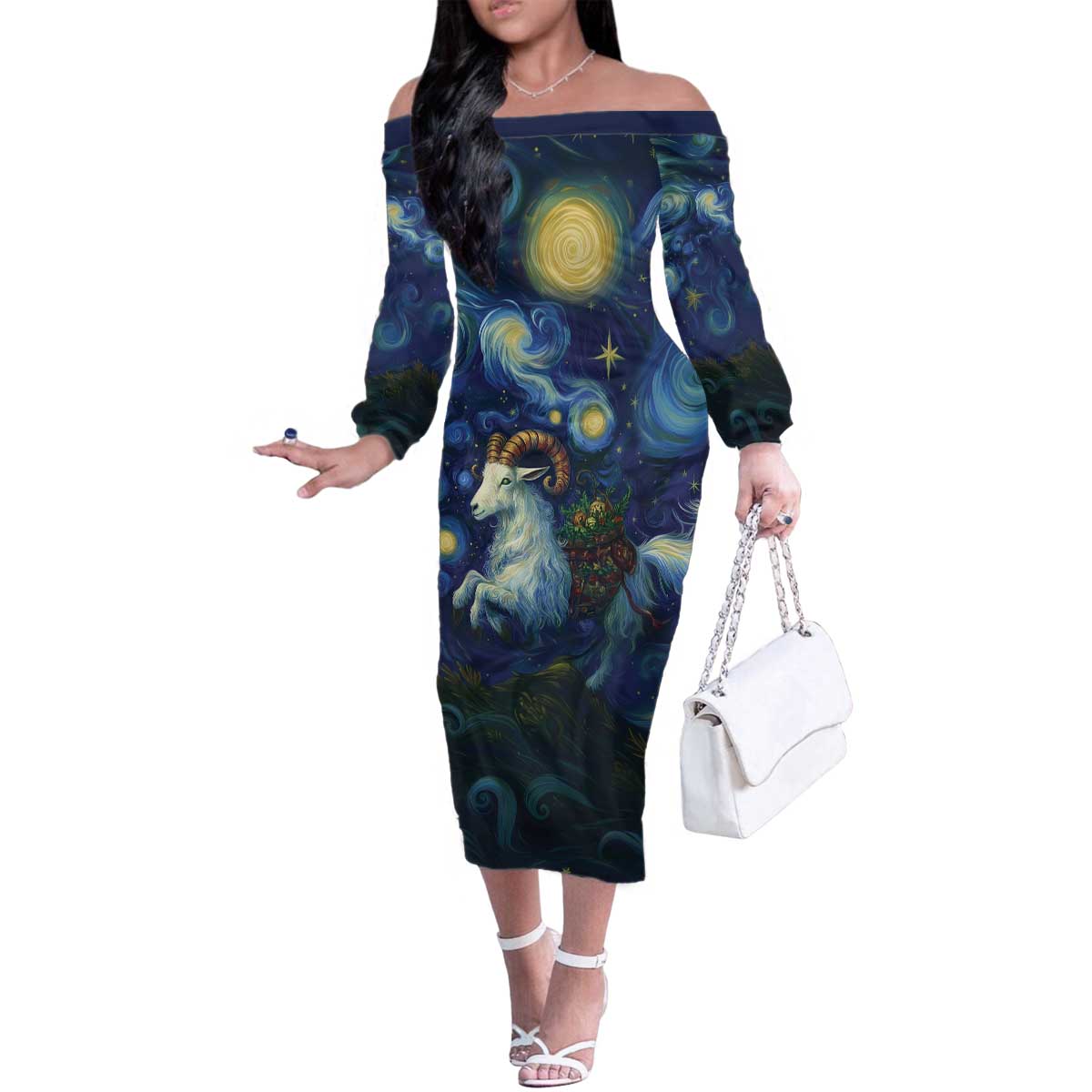 Yule Goat Starry Night Family Matching Off The Shoulder Long Sleeve Dress and Hawaiian Shirt - Wonder Print Shop