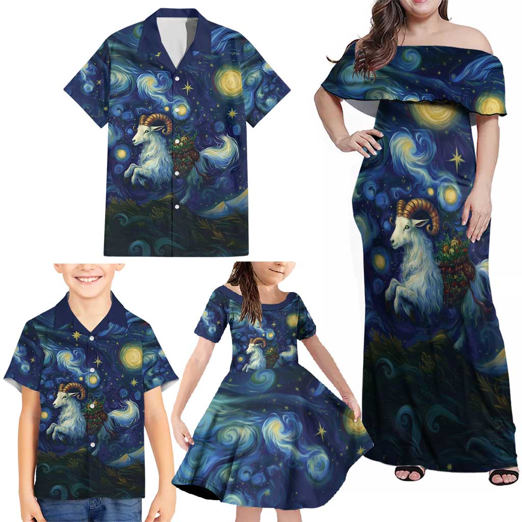 Yule Goat Starry Night Family Matching Off Shoulder Maxi Dress and Hawaiian Shirt LT9 - Wonder Print Shop