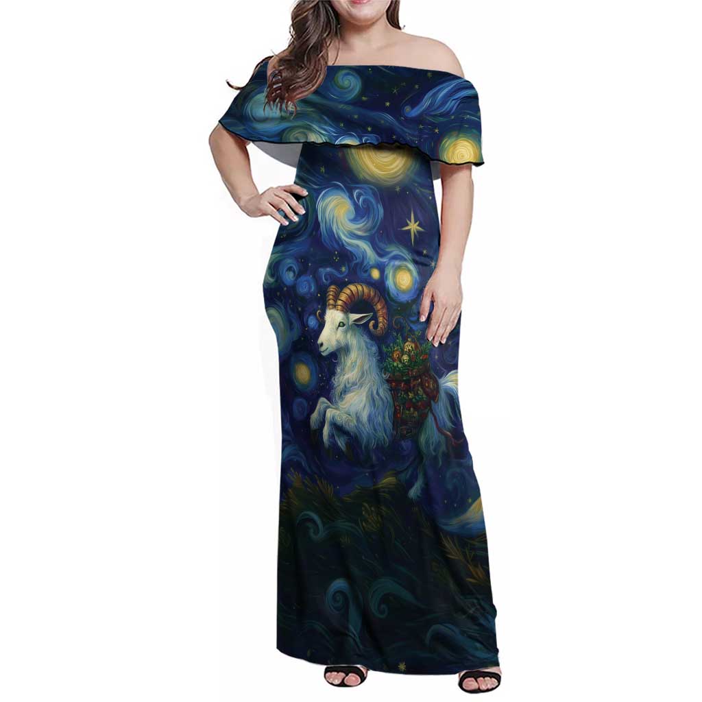 Yule Goat Starry Night Family Matching Off Shoulder Maxi Dress and Hawaiian Shirt LT9 - Wonder Print Shop