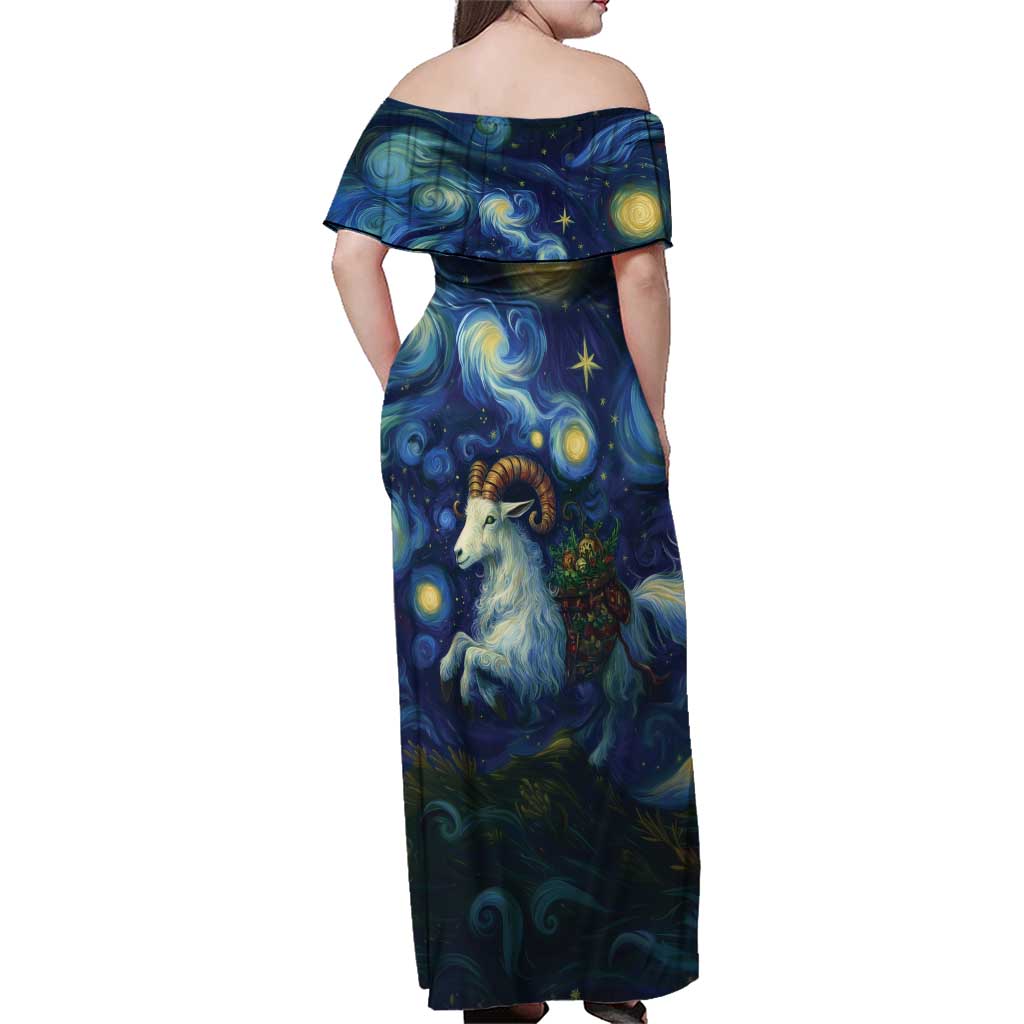 Yule Goat Starry Night Family Matching Off Shoulder Maxi Dress and Hawaiian Shirt LT9 - Wonder Print Shop