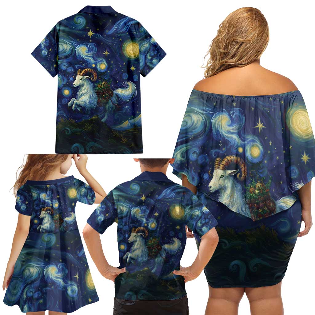 Yule Goat Starry Night Family Matching Off Shoulder Short Dress and Hawaiian Shirt LT9 - Wonder Print Shop