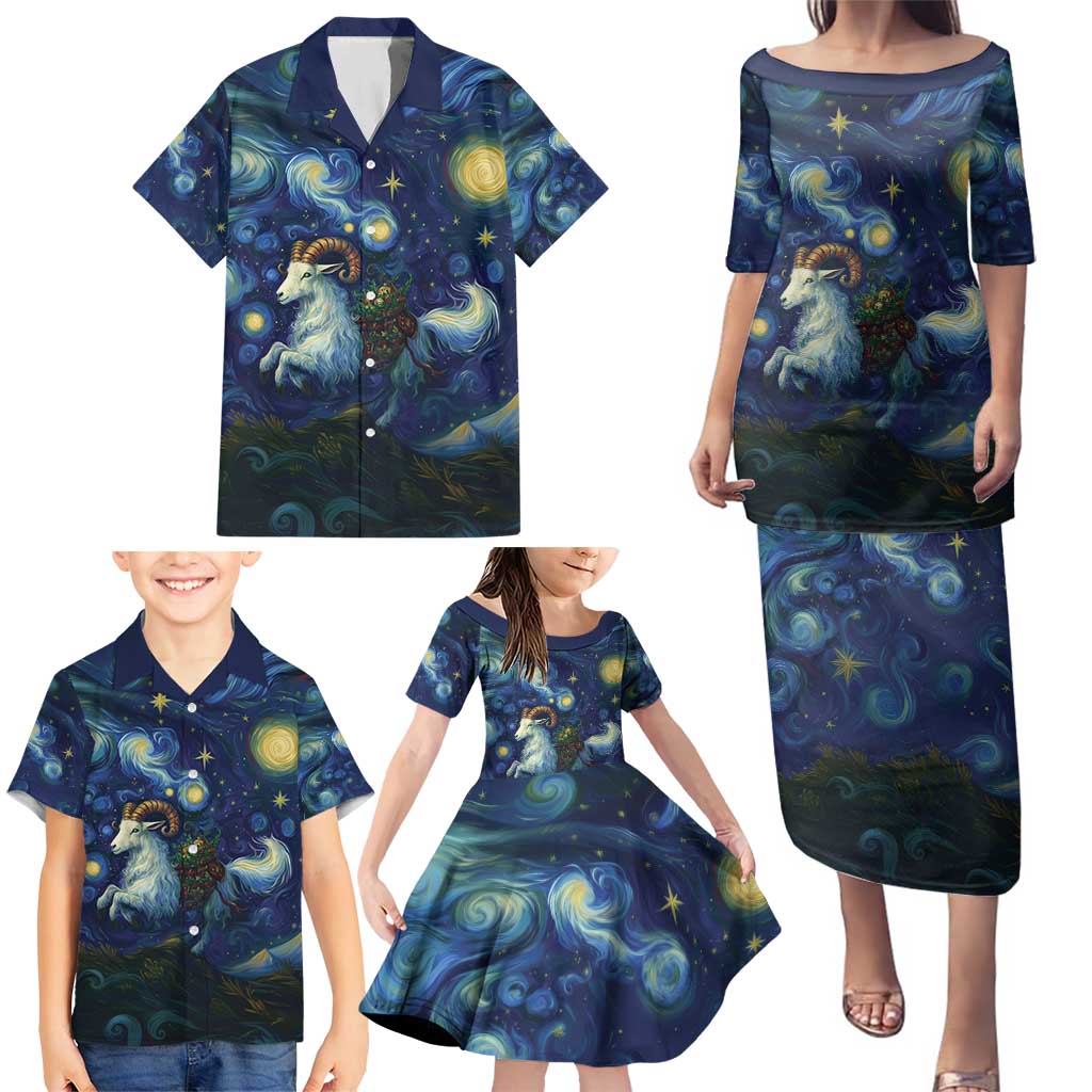 Yule Goat Starry Night Family Matching Puletasi and Hawaiian Shirt - Wonder Print Shop
