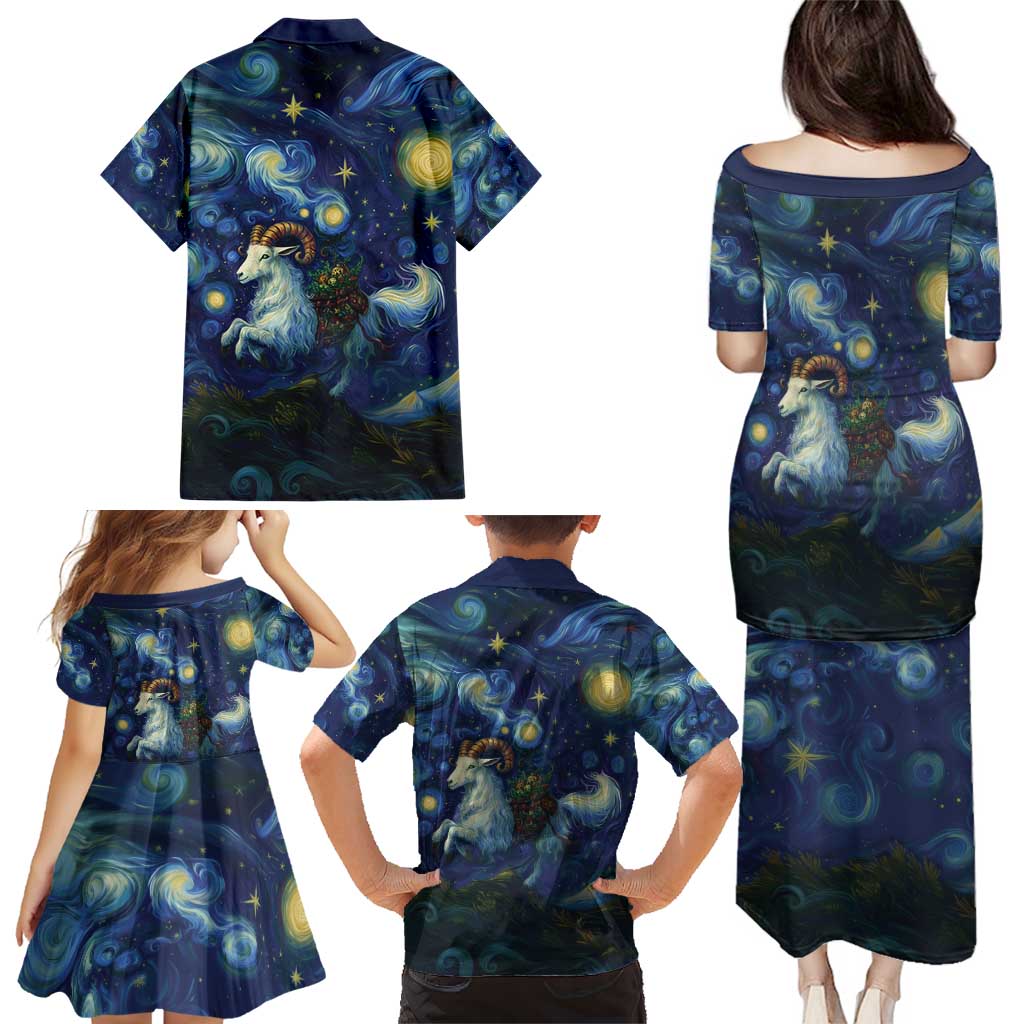 Yule Goat Starry Night Family Matching Puletasi and Hawaiian Shirt - Wonder Print Shop