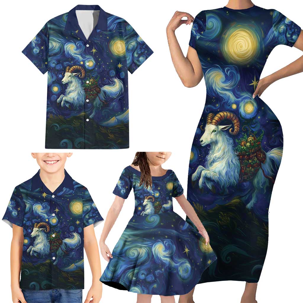 Yule Goat Starry Night Family Matching Short Sleeve Bodycon Dress and Hawaiian Shirt - Wonder Print Shop