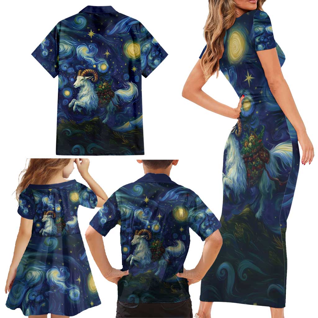Yule Goat Starry Night Family Matching Short Sleeve Bodycon Dress and Hawaiian Shirt - Wonder Print Shop