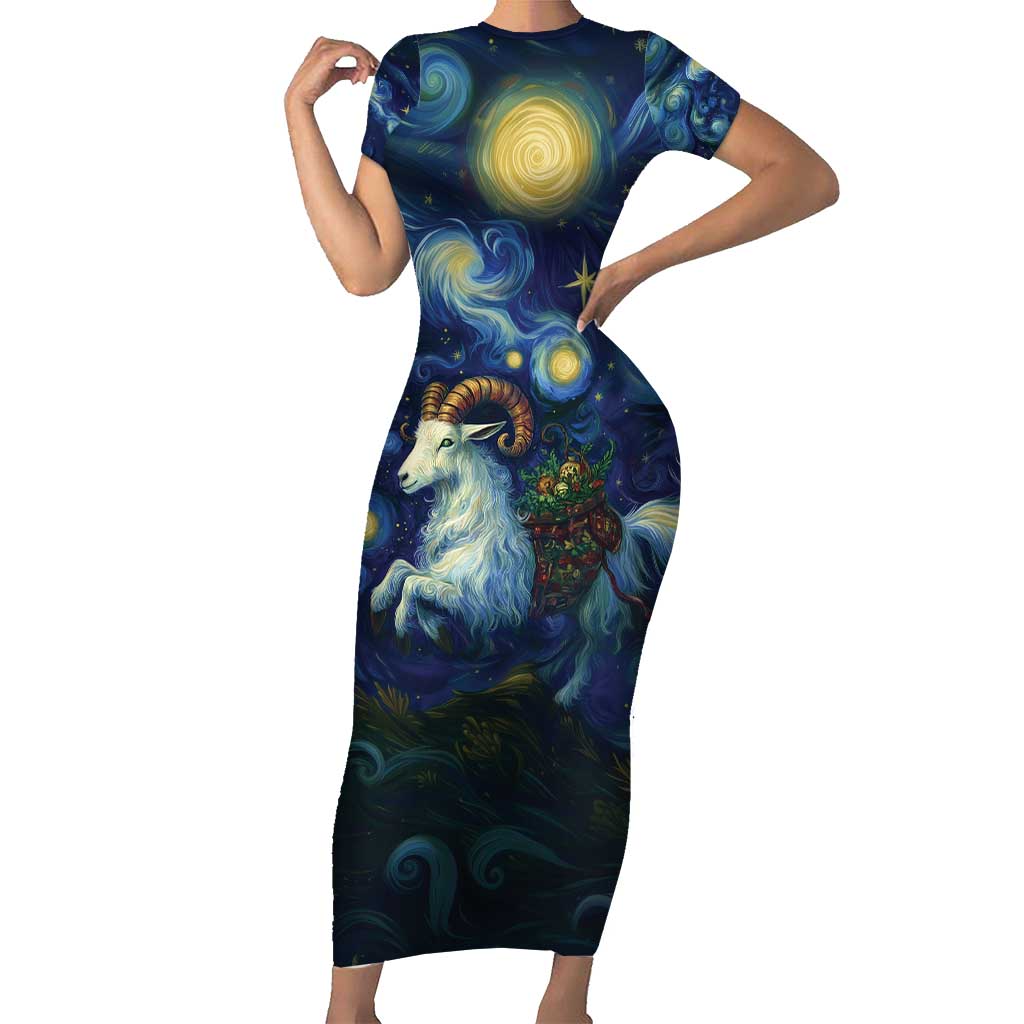 Yule Goat Starry Night Family Matching Short Sleeve Bodycon Dress and Hawaiian Shirt - Wonder Print Shop