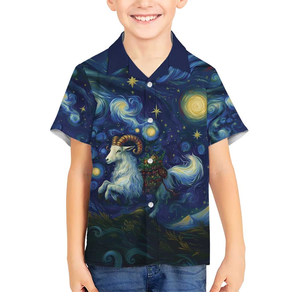 Yule Goat Starry Night Family Matching Short Sleeve Bodycon Dress and Hawaiian Shirt - Wonder Print Shop